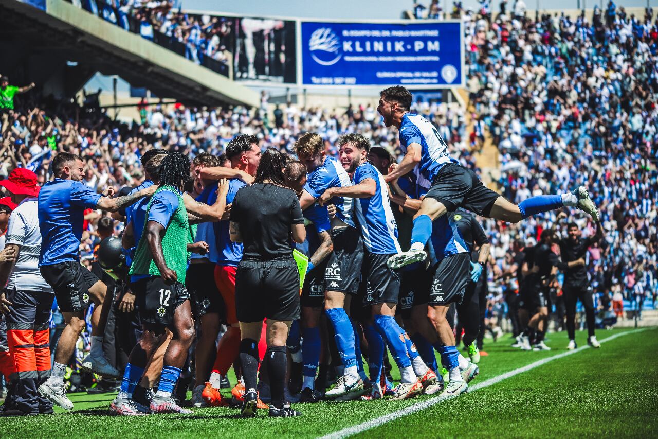 Hércules CF supporters in blue and white stripes waving flags at Estadio José Rico Pérez