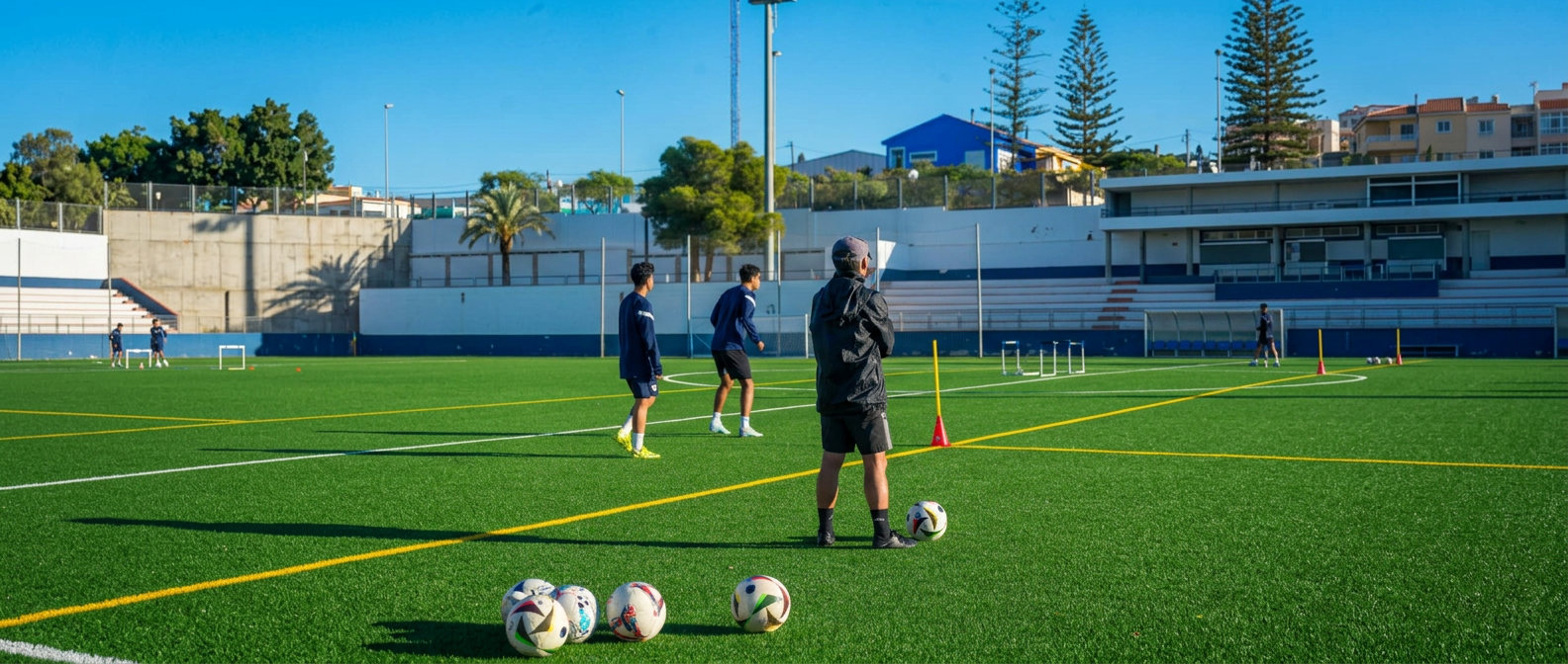 Coaching staff running a training session with a full set of footballs