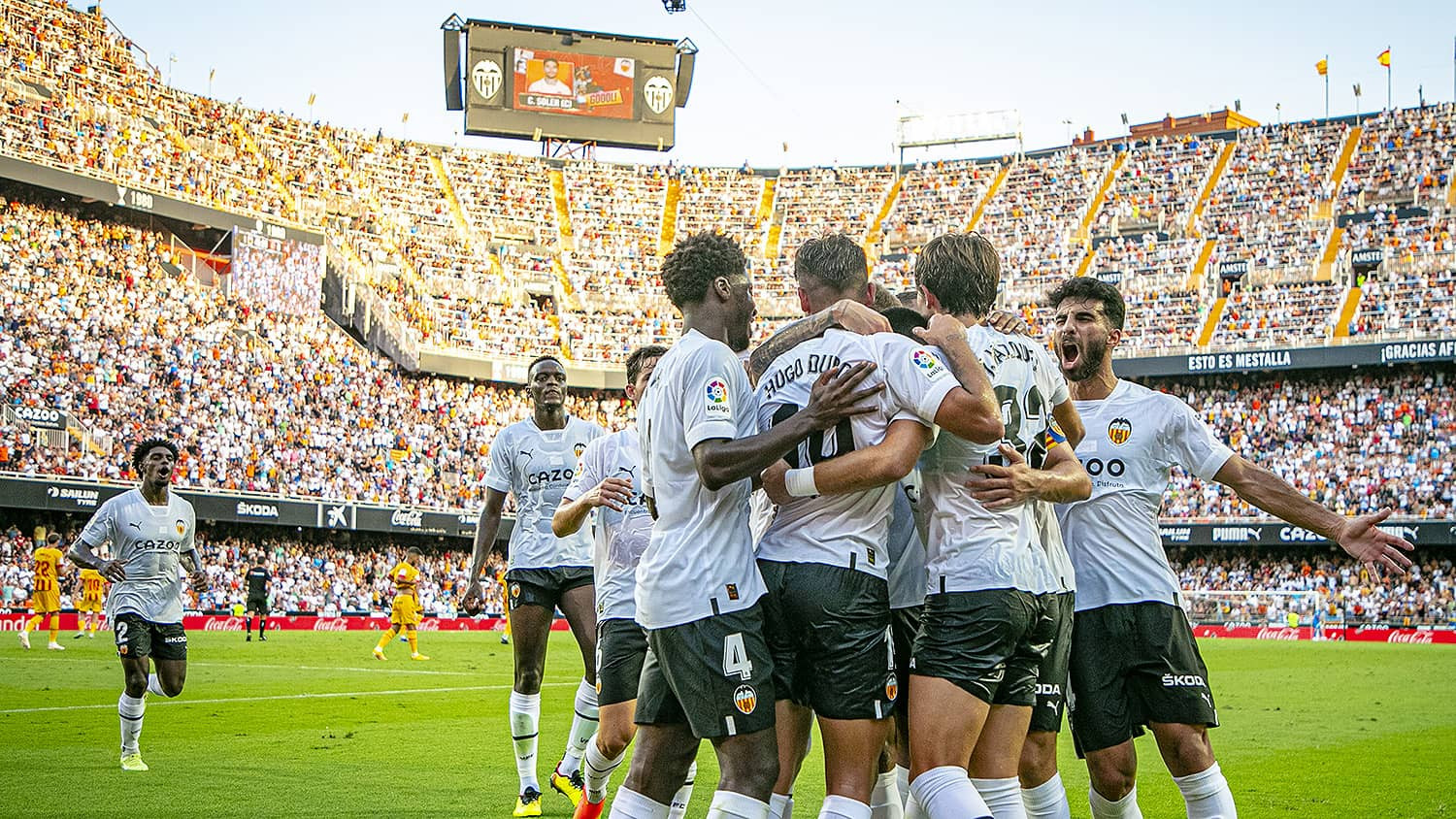 Mestalla Stadium packed with Valencia CF supporters on a floodlit match night