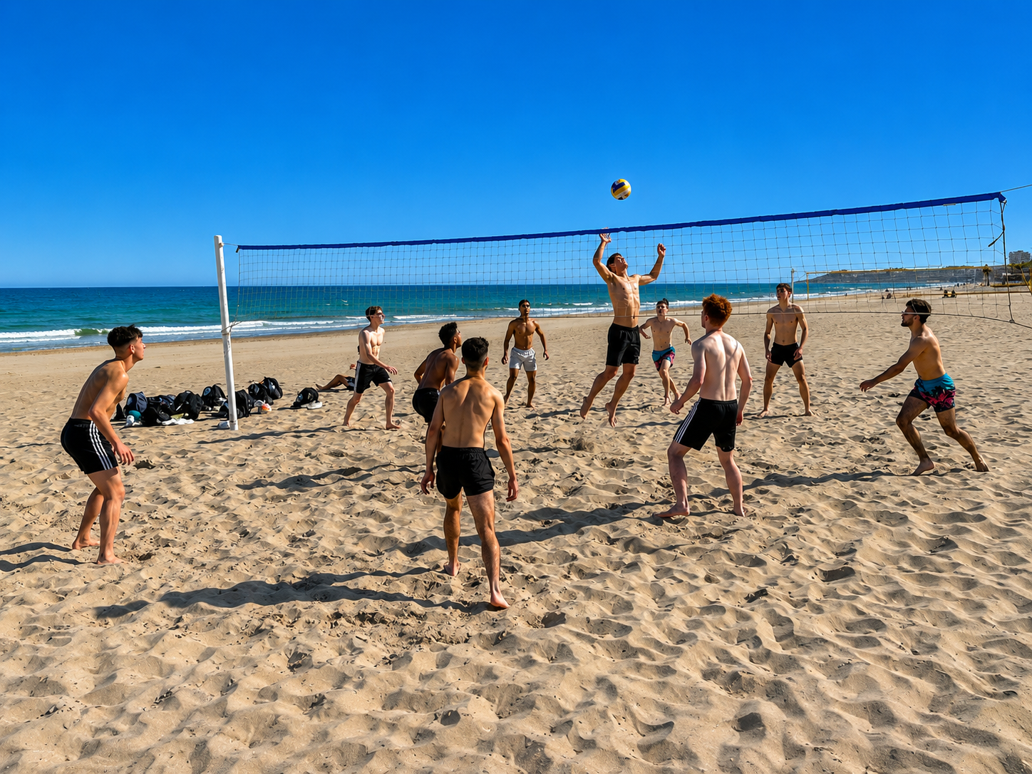 Players in a beach volleyball match on San Juan beach