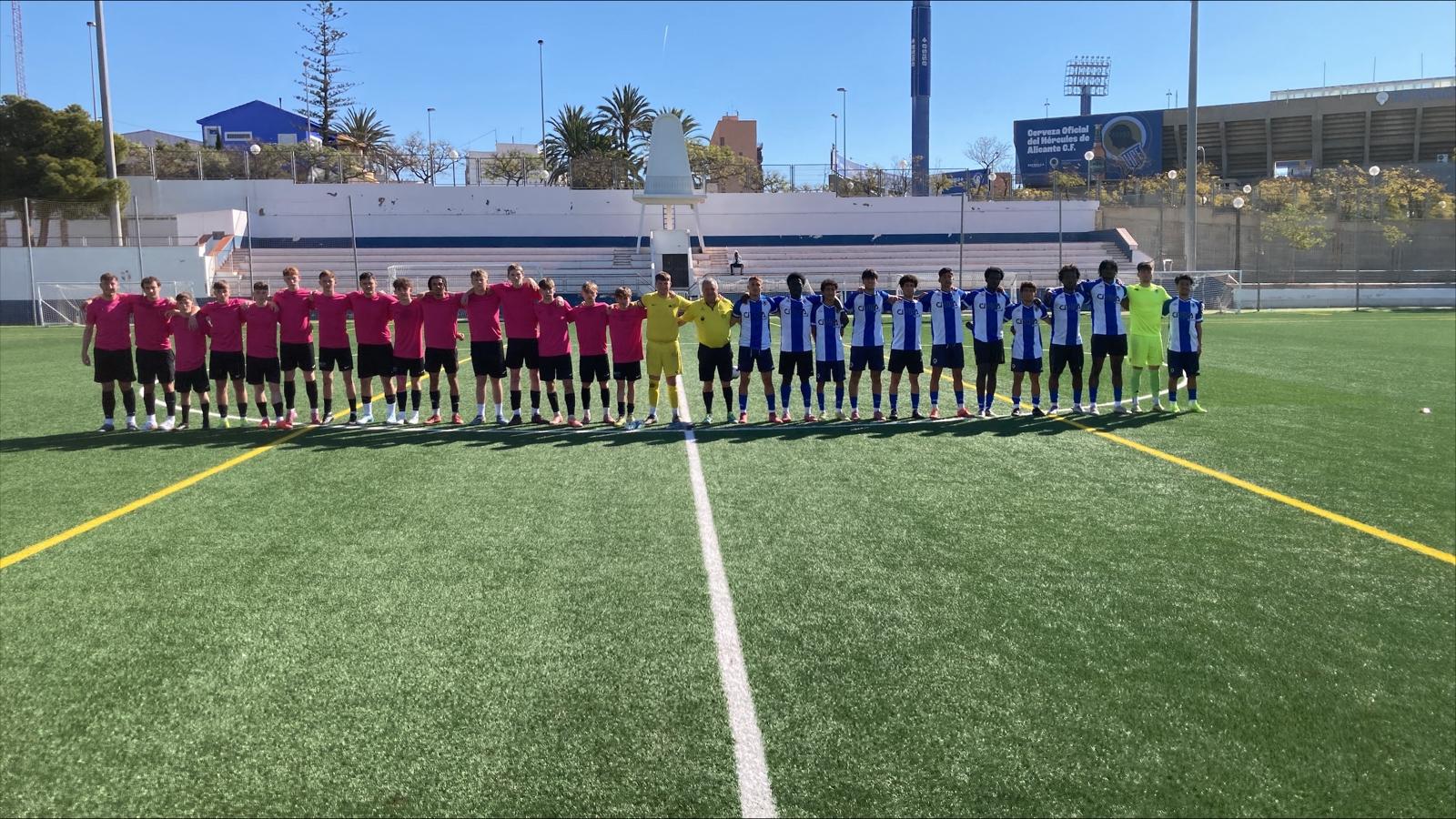 Visiting team and local opposition lined up before a match in Alicante