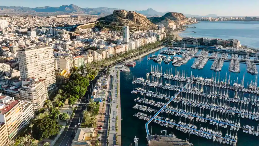 Alicante port and marina with Santa Barbara castle