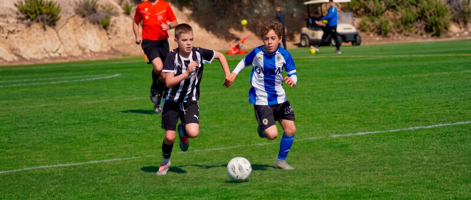Junior players competing during a football match in Alicante